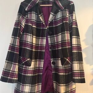 Tribal Plaid Pea Coat - Black, White, and Purple